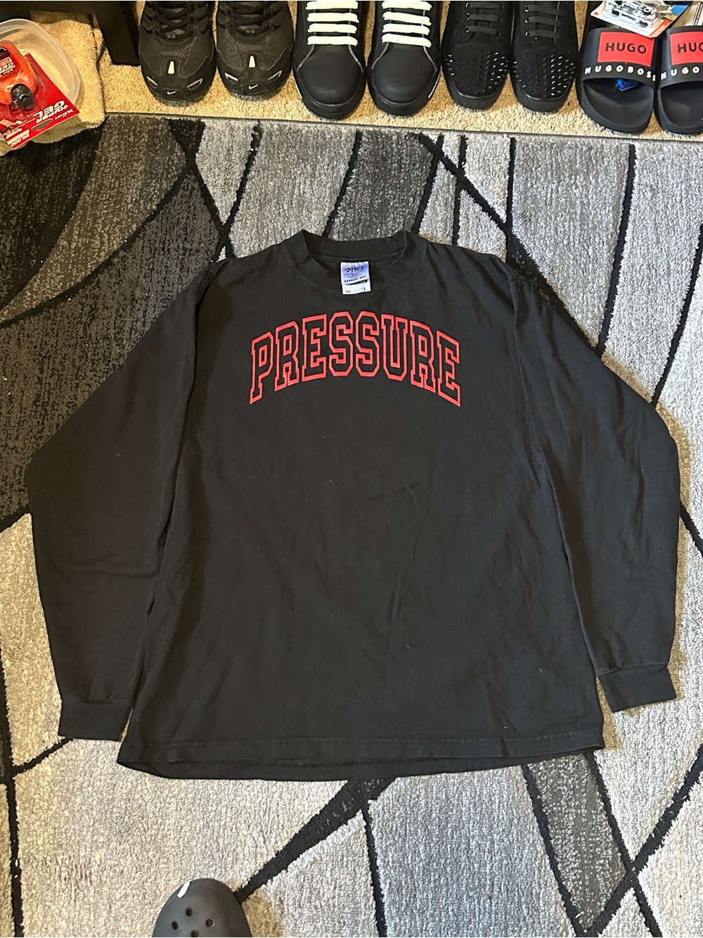 Unbranded Men's Black Crewneck Sweater with Red "PRESSURE" Graphic